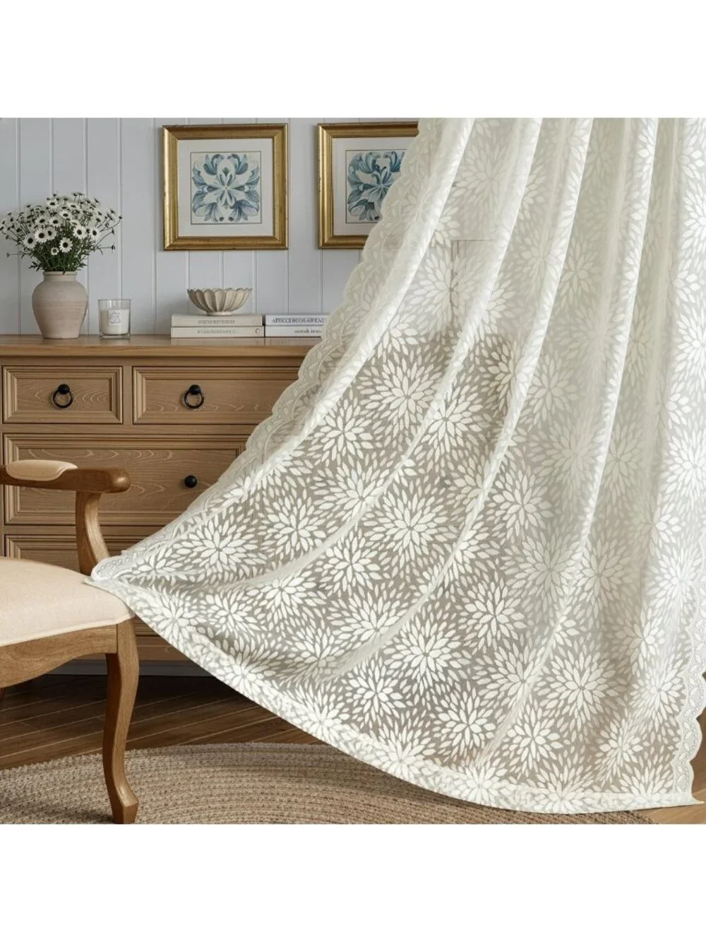 Vintage Floral Lace Curtains, Scalloped Design, Ivory 52